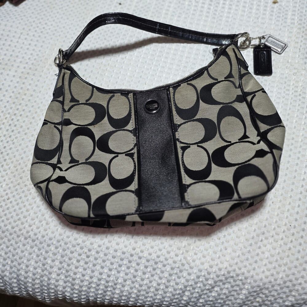 COACH SIGNATURE BLACK GRAY STRIPE HOBO BAG